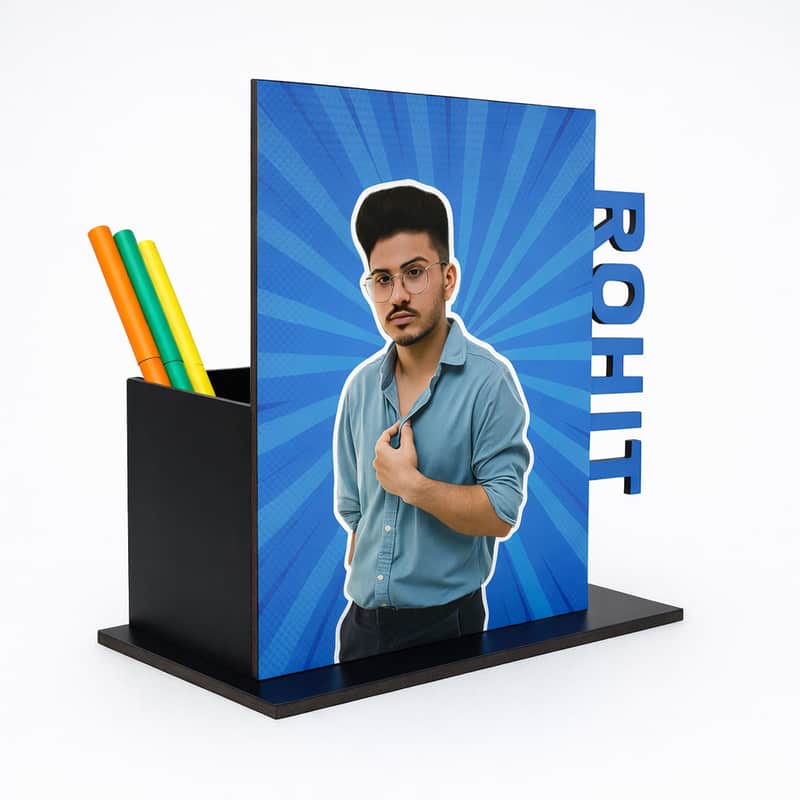 customized photo pen stand mdf desk organizer with name | personalized office table decor gift
