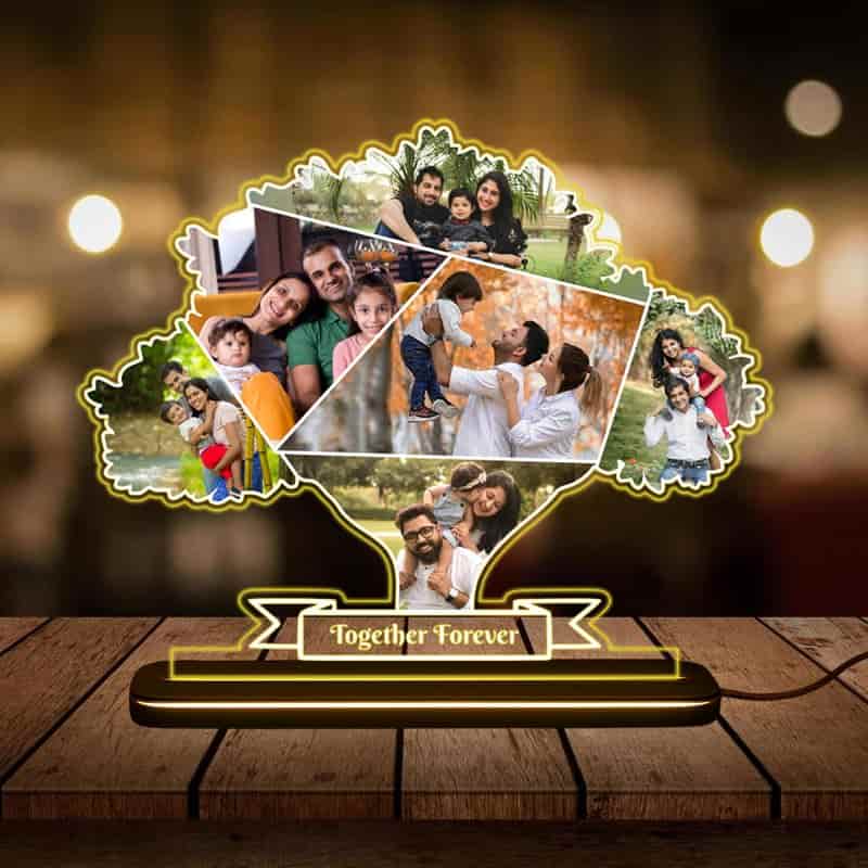 personalized led acrylic photo frame tree shape with wooden base