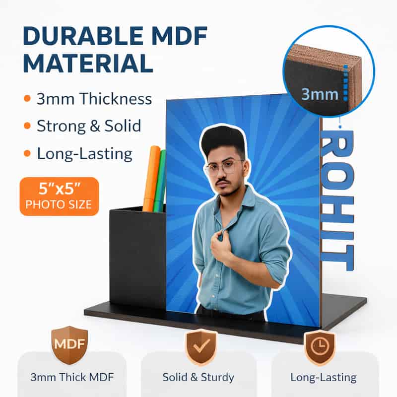 customized photo pen stand mdf desk organizer with name | personalized office table decor gift