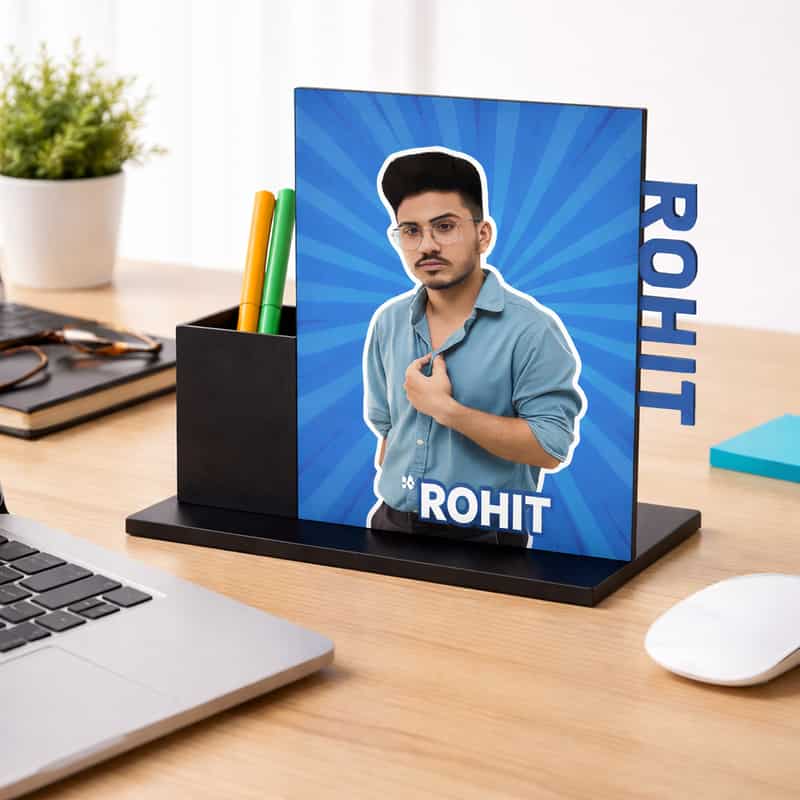 customized photo pen stand mdf desk organizer with name | personalized office table decor gift