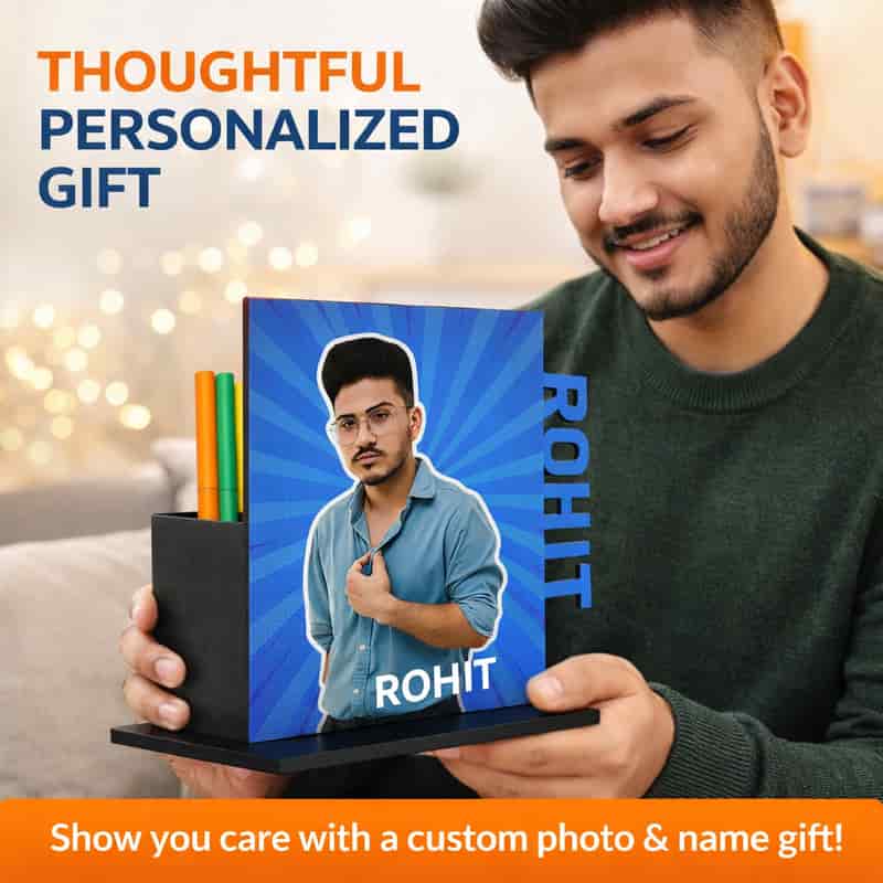 customized photo pen stand mdf desk organizer with name | personalized office table decor gift