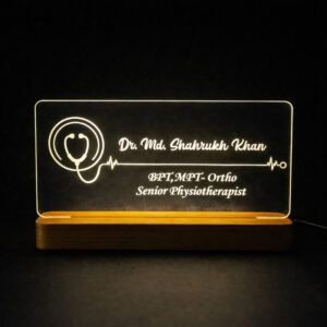 personalized acrylic led name plate for doctor | custom name desk decor with wooden light base